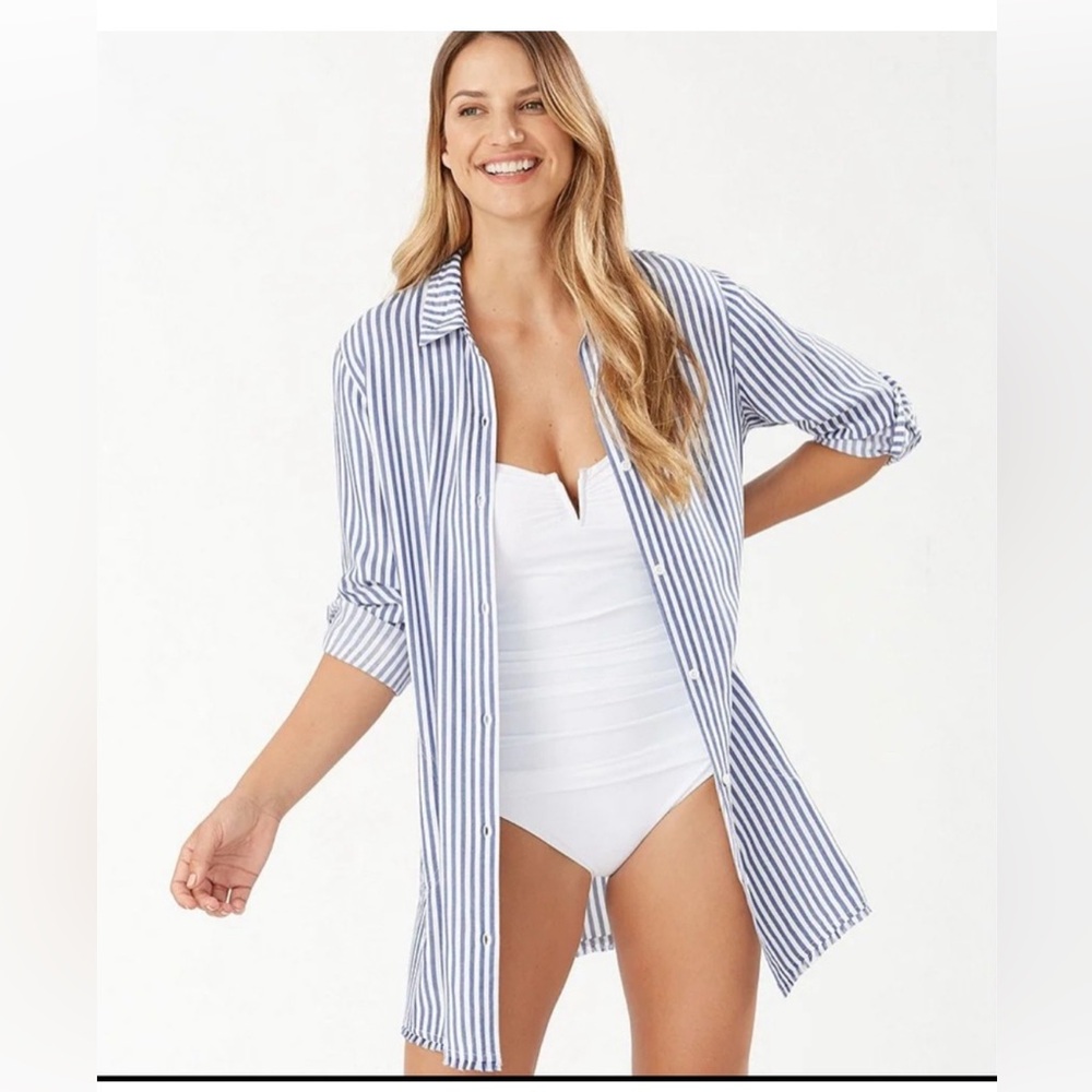 Tommy bahama womens coverup pinstripe with rioll tab sleeves